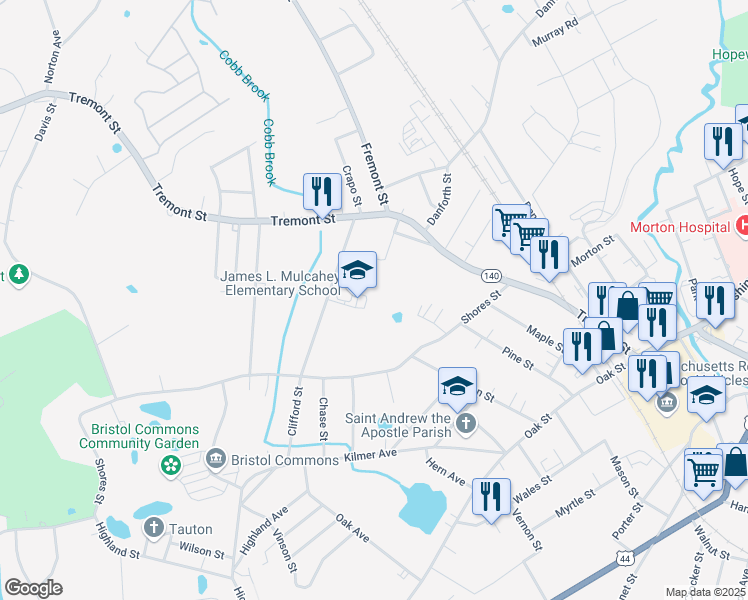 map of restaurants, bars, coffee shops, grocery stores, and more near 24 Clifford Street in Taunton