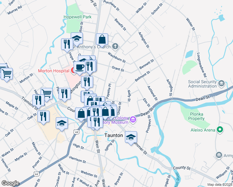map of restaurants, bars, coffee shops, grocery stores, and more near 31 Cedar Street in Taunton
