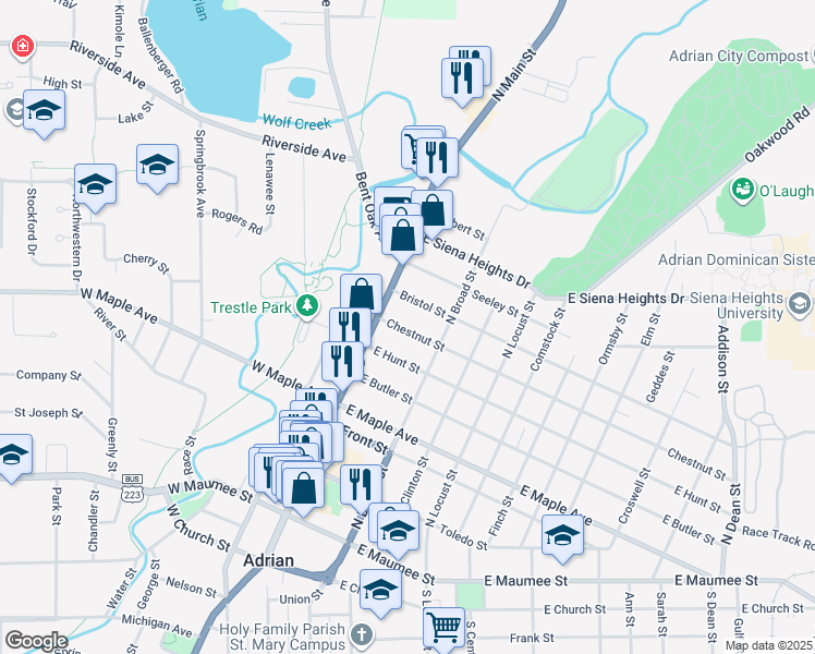 map of restaurants, bars, coffee shops, grocery stores, and more near 144 Chestnut Street in Adrian