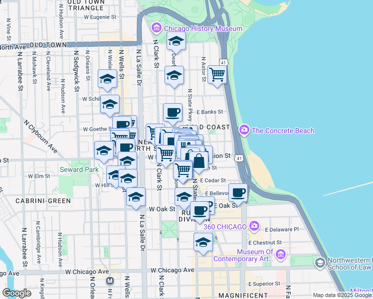 map of restaurants, bars, coffee shops, grocery stores, and more near 1201 North State Parkway in Chicago