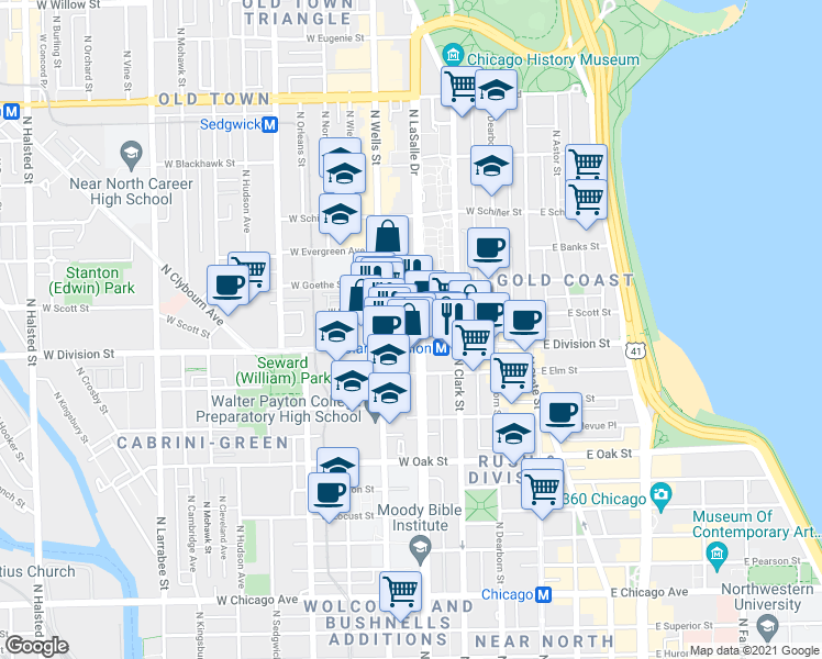 map of restaurants, bars, coffee shops, grocery stores, and more near in Chicago