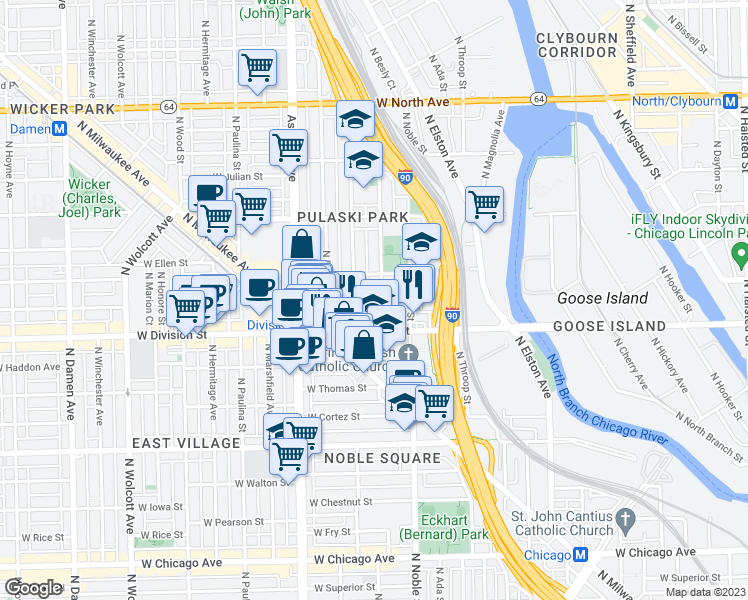 map of restaurants, bars, coffee shops, grocery stores, and more near 1217 North Greenview Avenue in Chicago