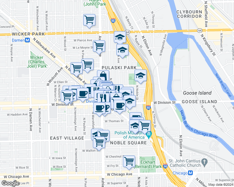 map of restaurants, bars, coffee shops, grocery stores, and more near 1219 North Bosworth Avenue in Chicago