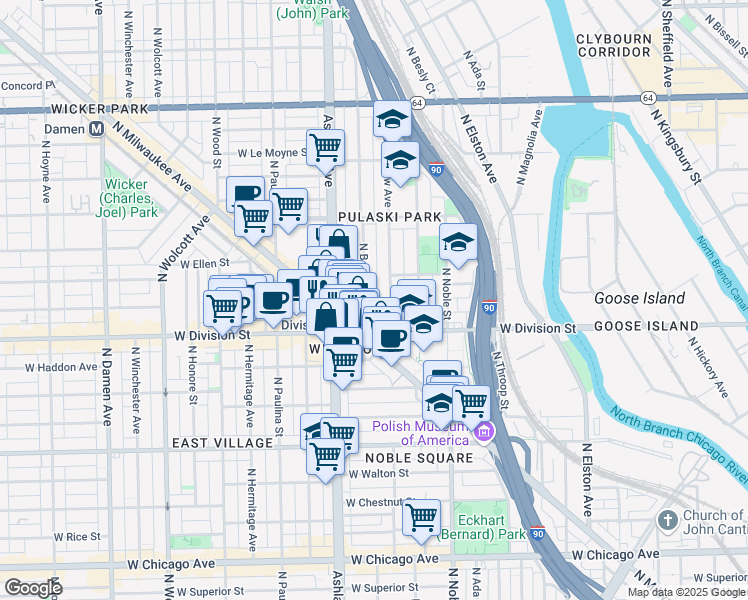 map of restaurants, bars, coffee shops, grocery stores, and more near 1219 North Bosworth Avenue in Chicago