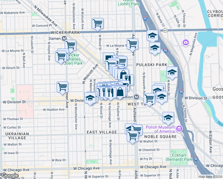 map of restaurants, bars, coffee shops, grocery stores, and more near in Chicago