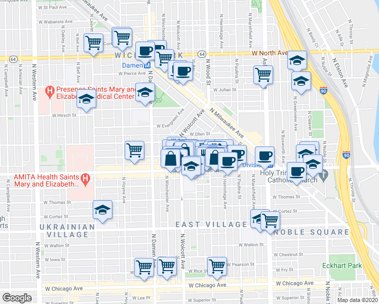 map of restaurants, bars, coffee shops, grocery stores, and more near 1806 West Division Street in Chicago
