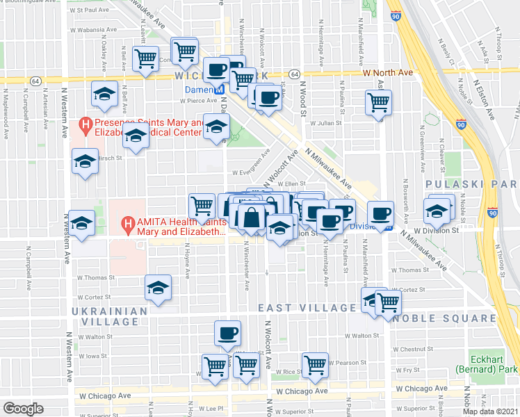 map of restaurants, bars, coffee shops, grocery stores, and more near 1222 North Wolcott Avenue in Chicago