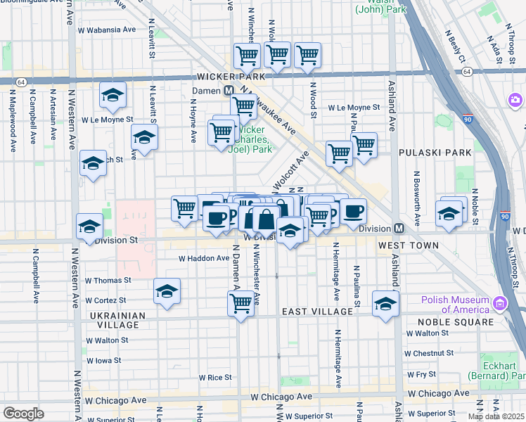 map of restaurants, bars, coffee shops, grocery stores, and more near 1222 North Wolcott Avenue in Chicago