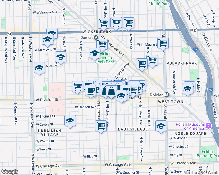 map of restaurants, bars, coffee shops, grocery stores, and more near 1222 North Wolcott Avenue in Chicago