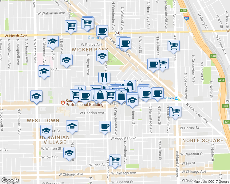 map of restaurants, bars, coffee shops, grocery stores, and more near 1943 West Crystal Street in Chicago
