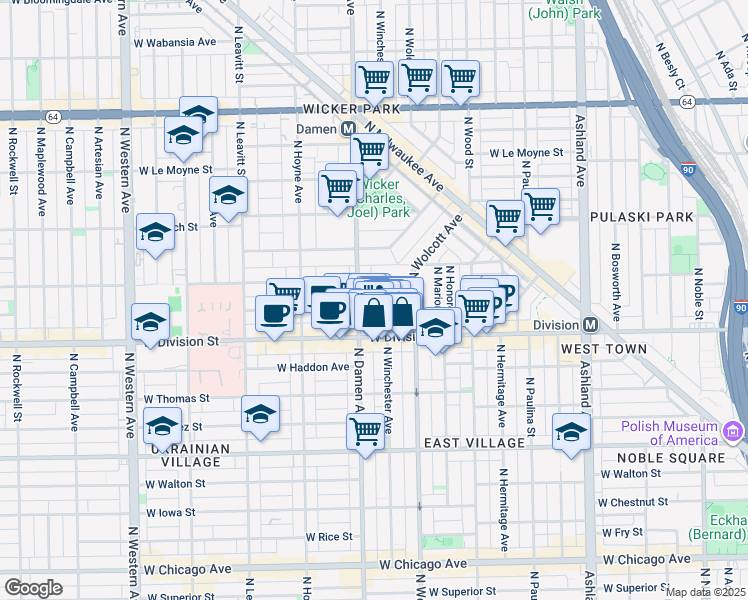 map of restaurants, bars, coffee shops, grocery stores, and more near 1943 West Crystal Street in Chicago