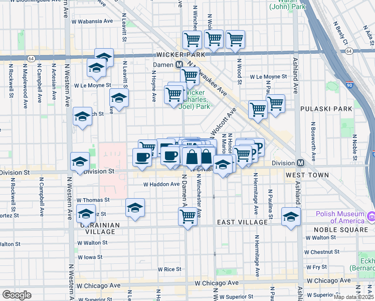 map of restaurants, bars, coffee shops, grocery stores, and more near 1943 West Crystal Street in Chicago