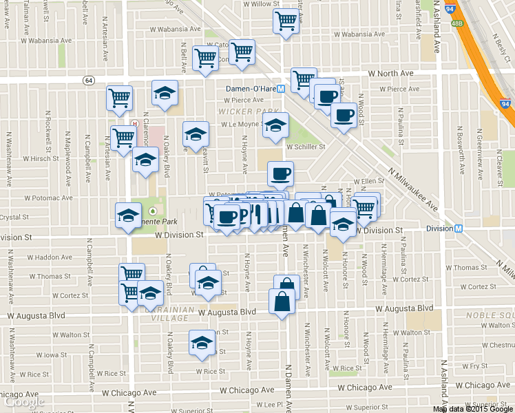 map of restaurants, bars, coffee shops, grocery stores, and more near 1223 North Hoyne Avenue in Chicago