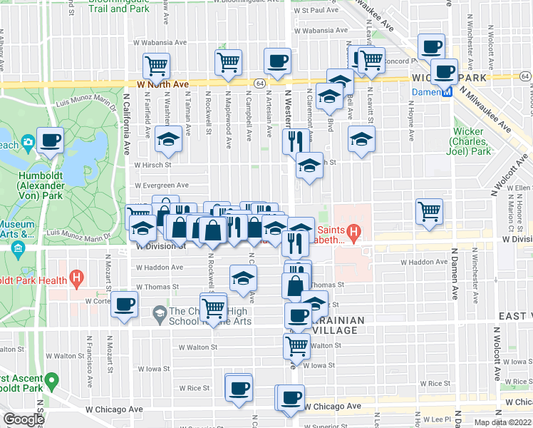 map of restaurants, bars, coffee shops, grocery stores, and more near 1228 North Artesian Avenue in Chicago