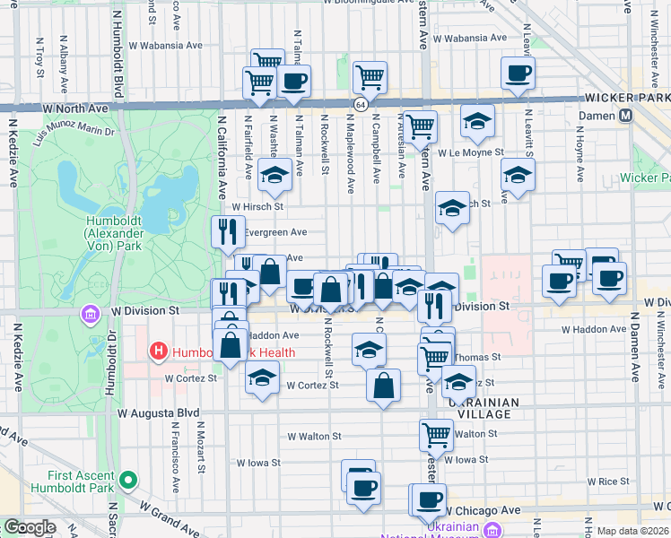 map of restaurants, bars, coffee shops, grocery stores, and more near 1231 North Rockwell Street in Chicago