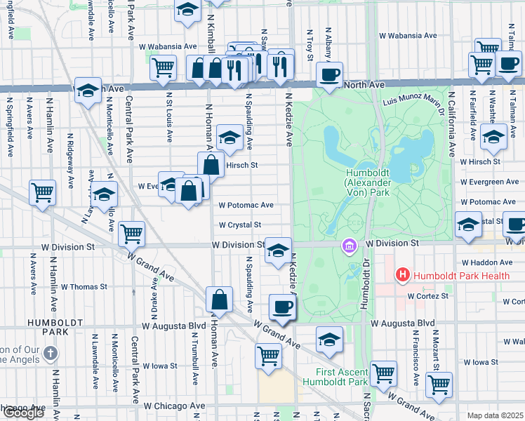 map of restaurants, bars, coffee shops, grocery stores, and more near 3228 West Crystal Street in Chicago