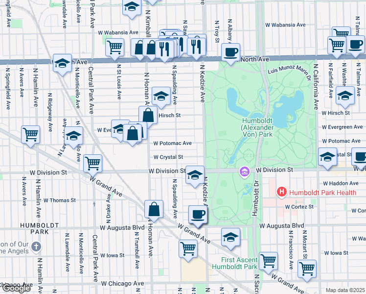 map of restaurants, bars, coffee shops, grocery stores, and more near 3228 West Crystal Street in Chicago