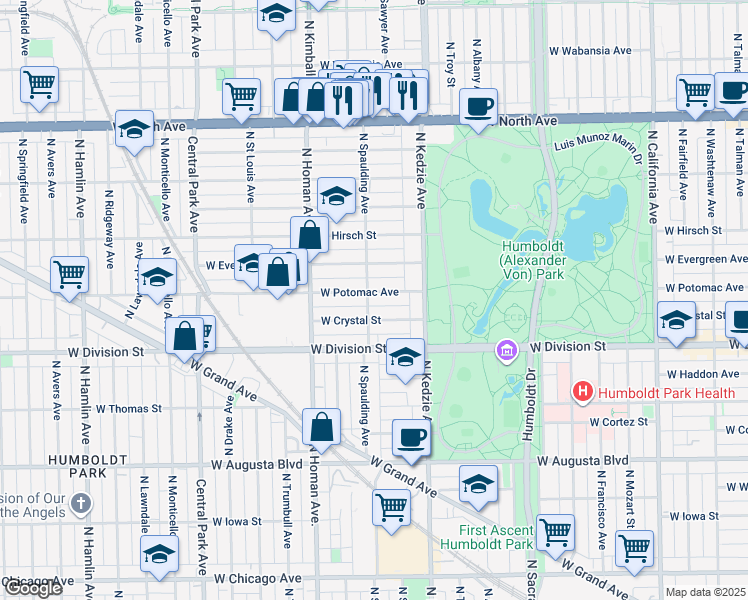 map of restaurants, bars, coffee shops, grocery stores, and more near 3300 West Crystal Street in Chicago