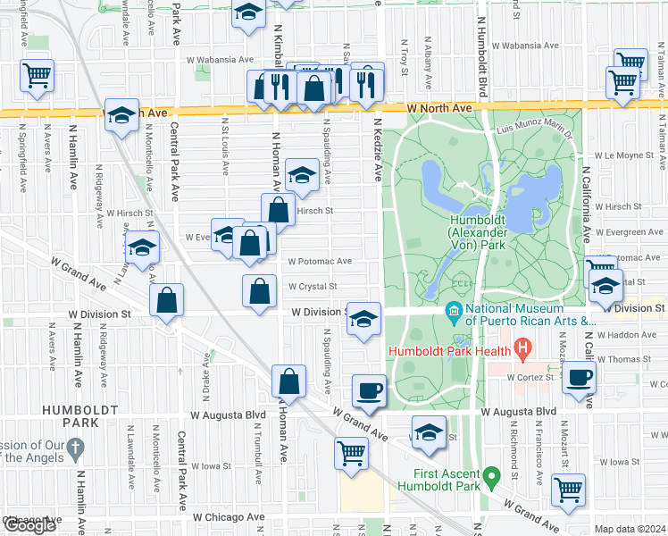 map of restaurants, bars, coffee shops, grocery stores, and more near 3300 West Crystal Street in Chicago
