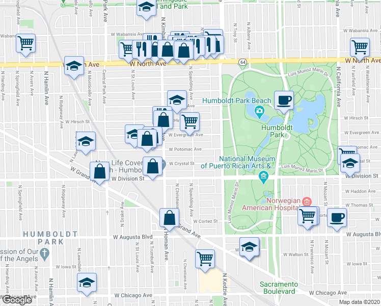 map of restaurants, bars, coffee shops, grocery stores, and more near 3300 West Crystal Street in Chicago