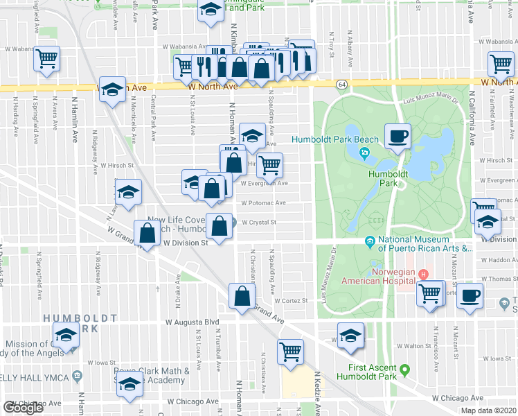 map of restaurants, bars, coffee shops, grocery stores, and more near 3300 West Crystal Street in Chicago