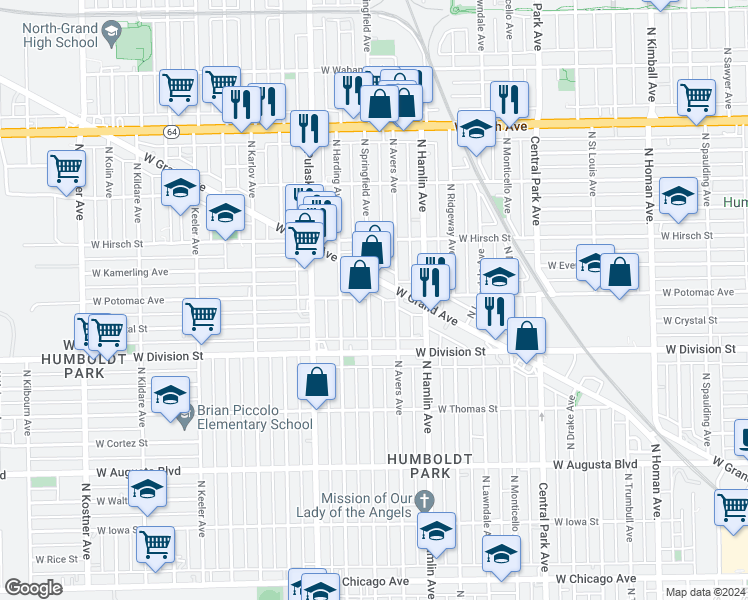 map of restaurants, bars, coffee shops, grocery stores, and more near 1240 North Avers Avenue in Chicago