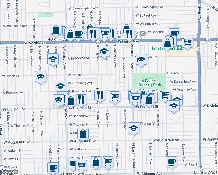 map of restaurants, bars, coffee shops, grocery stores, and more near 5315 West Potomac Avenue in Chicago