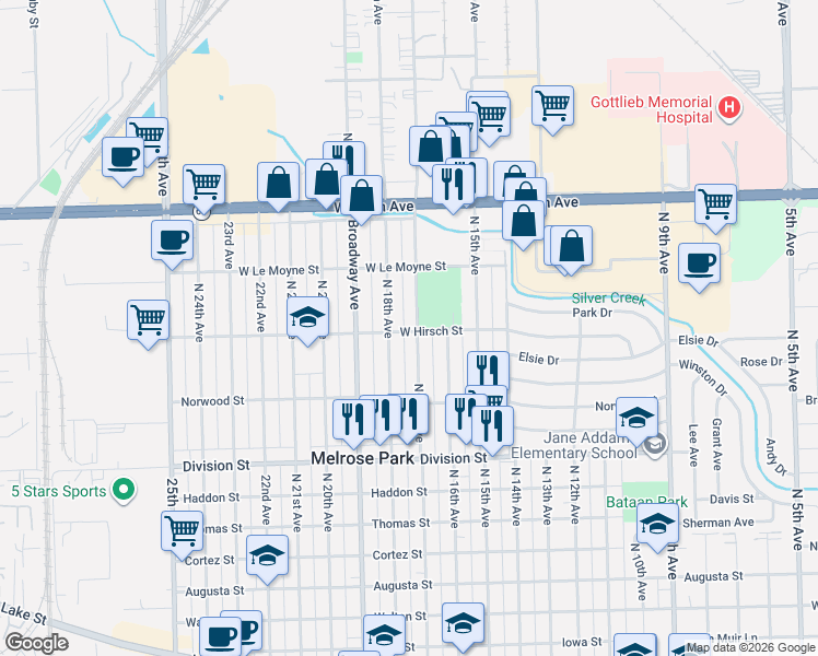 map of restaurants, bars, coffee shops, grocery stores, and more near 1644 North 17th Avenue in Melrose Park
