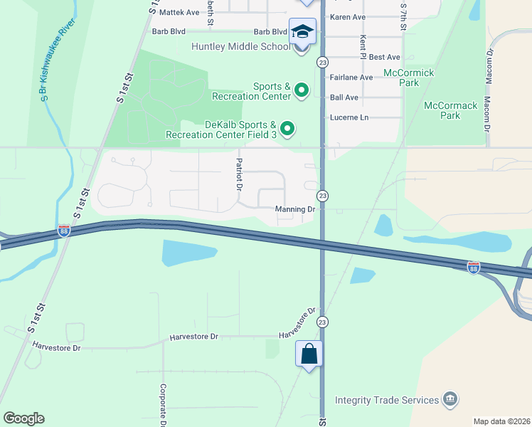 map of restaurants, bars, coffee shops, grocery stores, and more near 354 Manning Drive in DeKalb
