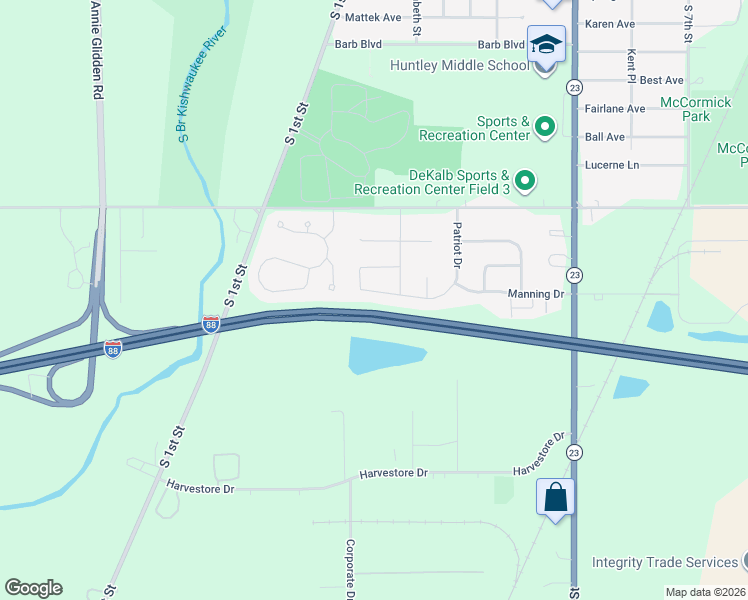 map of restaurants, bars, coffee shops, grocery stores, and more near 206 North Bridge Road in DeKalb
