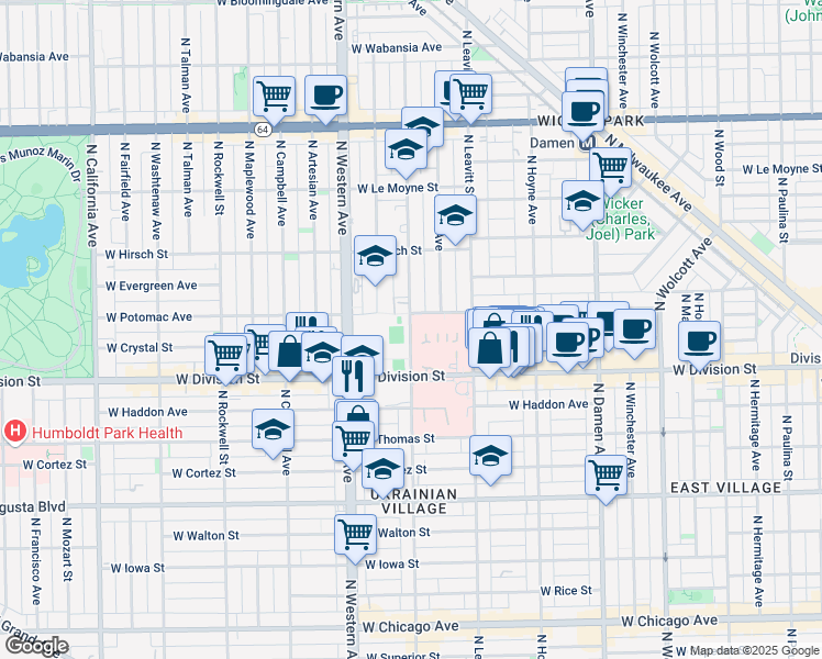 map of restaurants, bars, coffee shops, grocery stores, and more near 1229 North Oakley Boulevard in Chicago