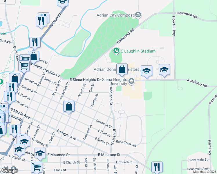 map of restaurants, bars, coffee shops, grocery stores, and more near 911 Addison Street in Adrian