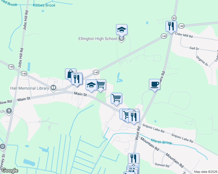 map of restaurants, bars, coffee shops, grocery stores, and more near 37 Arbor Way in Ellington