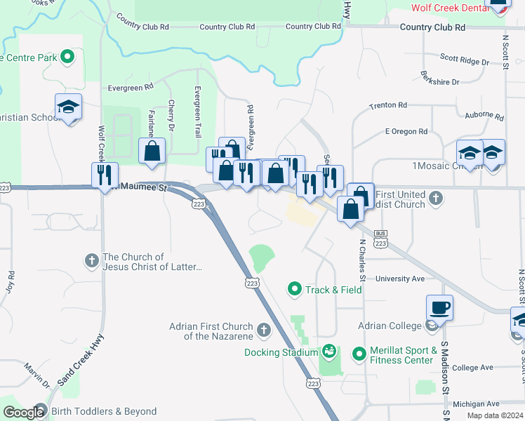 map of restaurants, bars, coffee shops, grocery stores, and more near 1500 Stratford Drive in Adrian