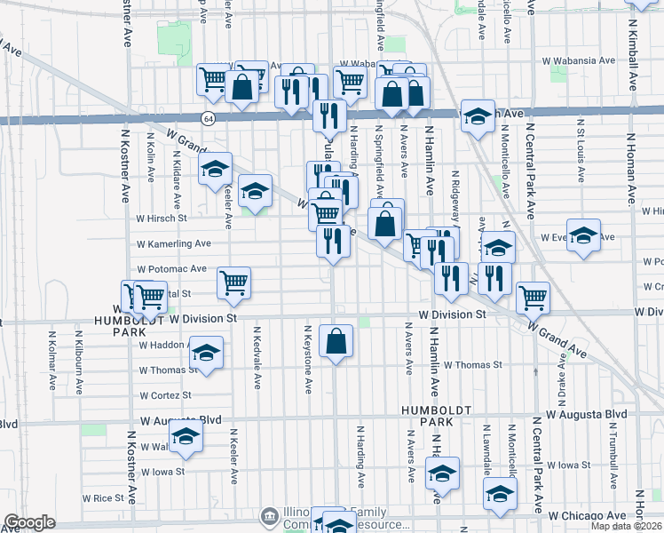 map of restaurants, bars, coffee shops, grocery stores, and more near W Potomac Ave & N Pulaski Rd in Chicago