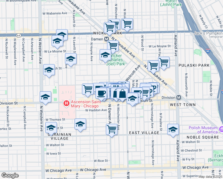 map of restaurants, bars, coffee shops, grocery stores, and more near 1239 North Damen Avenue in Chicago