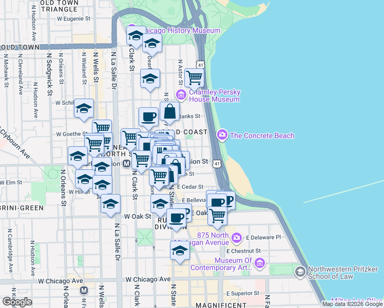 map of restaurants, bars, coffee shops, grocery stores, and more near 1209 North Astor Street in Chicago