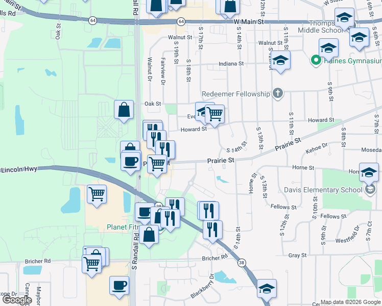 map of restaurants, bars, coffee shops, grocery stores, and more near 1820 Wessel Court in St. Charles