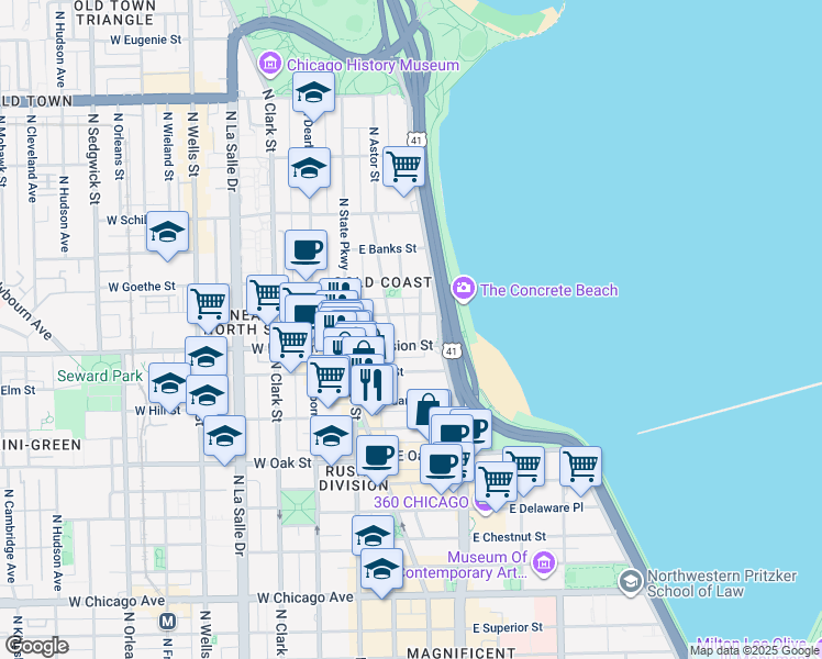 map of restaurants, bars, coffee shops, grocery stores, and more near in Chicago