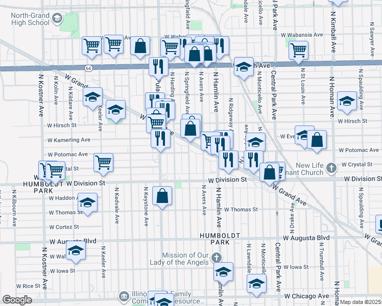 map of restaurants, bars, coffee shops, grocery stores, and more near 1240 North Avers Avenue in Chicago