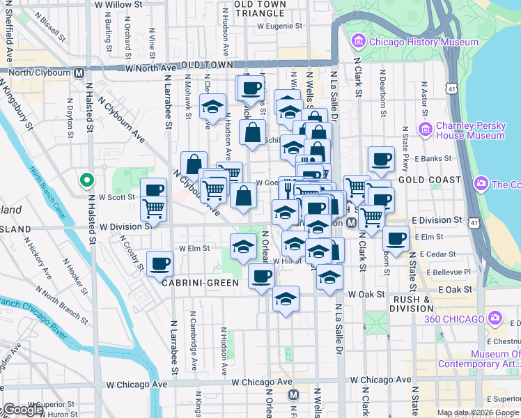 map of restaurants, bars, coffee shops, grocery stores, and more near 343 West Old Town Court in Chicago