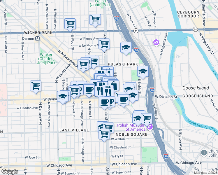 map of restaurants, bars, coffee shops, grocery stores, and more near 1235 North Ashland Avenue in Chicago