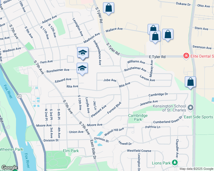 map of restaurants, bars, coffee shops, grocery stores, and more near 1521 Rita Avenue in St. Charles