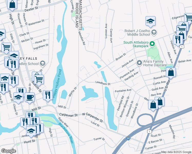 map of restaurants, bars, coffee shops, grocery stores, and more near 17 Case Drive in Attleboro