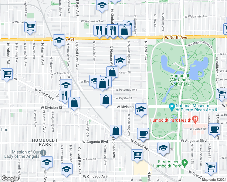 map of restaurants, bars, coffee shops, grocery stores, and more near 3359 West Potomac Avenue in Chicago