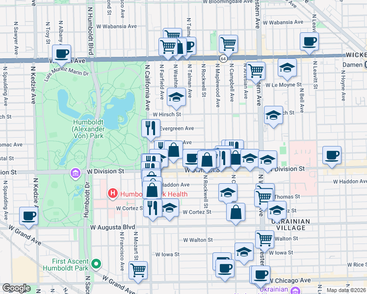 map of restaurants, bars, coffee shops, grocery stores, and more near 2647 West Potomac Avenue in Chicago