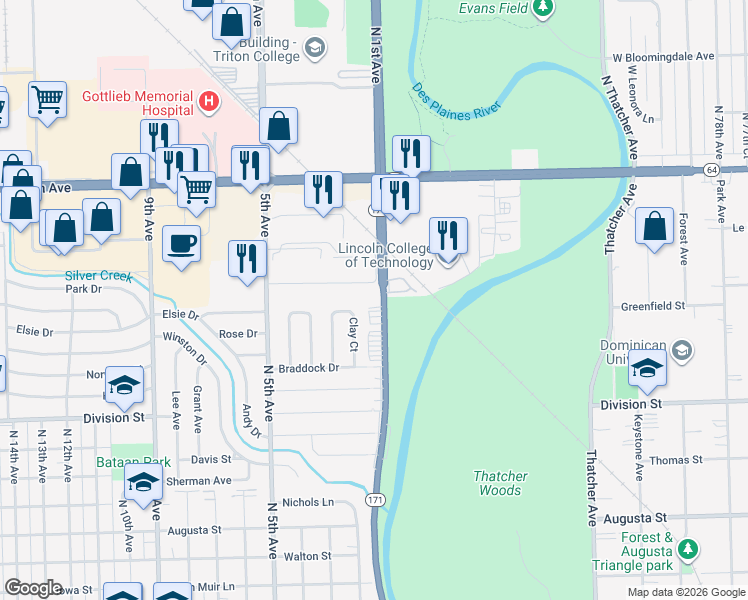 map of restaurants, bars, coffee shops, grocery stores, and more near 1690 North 1st Avenue in Melrose Park