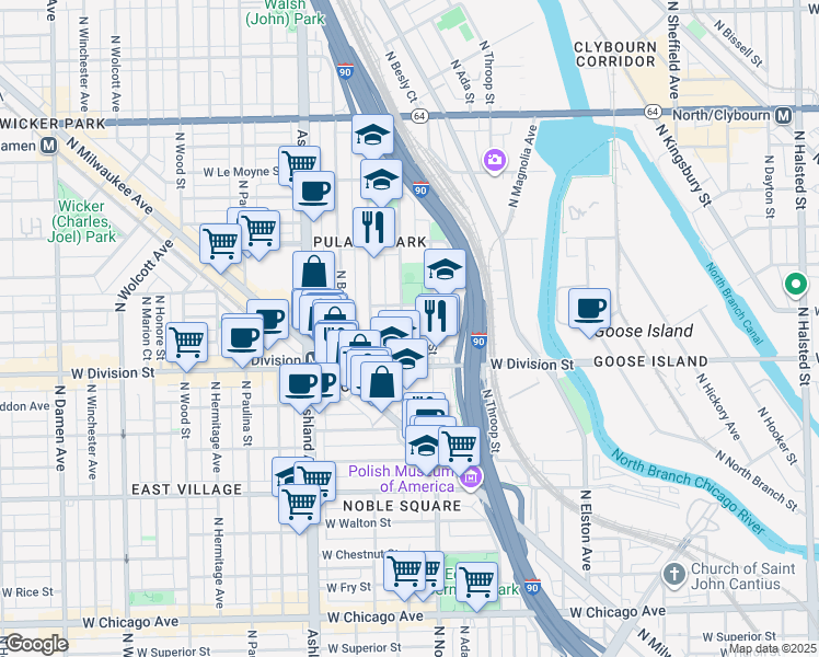 map of restaurants, bars, coffee shops, grocery stores, and more near 1235 North Cleaver Street in Chicago
