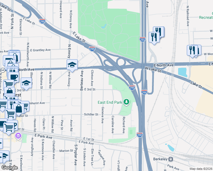 map of restaurants, bars, coffee shops, grocery stores, and more near 279 Geneva Avenue in Elmhurst