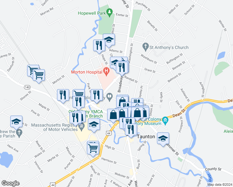 map of restaurants, bars, coffee shops, grocery stores, and more near 48 Broadway in Taunton